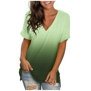 Wiyuqeen Women's V Neck T-shirts Short Sleeve Side Split Tunic Tops Casual Summer Loose Gradient Color Tie Dye Print Tees Blouses